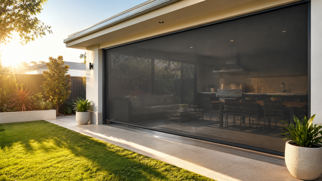 Ziptrak track guided outdoor blind fitted to a Perth alfresco area